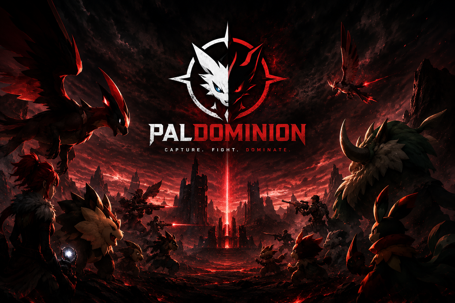 PalDominion battlefield with trainers and pals beneath a crimson storm