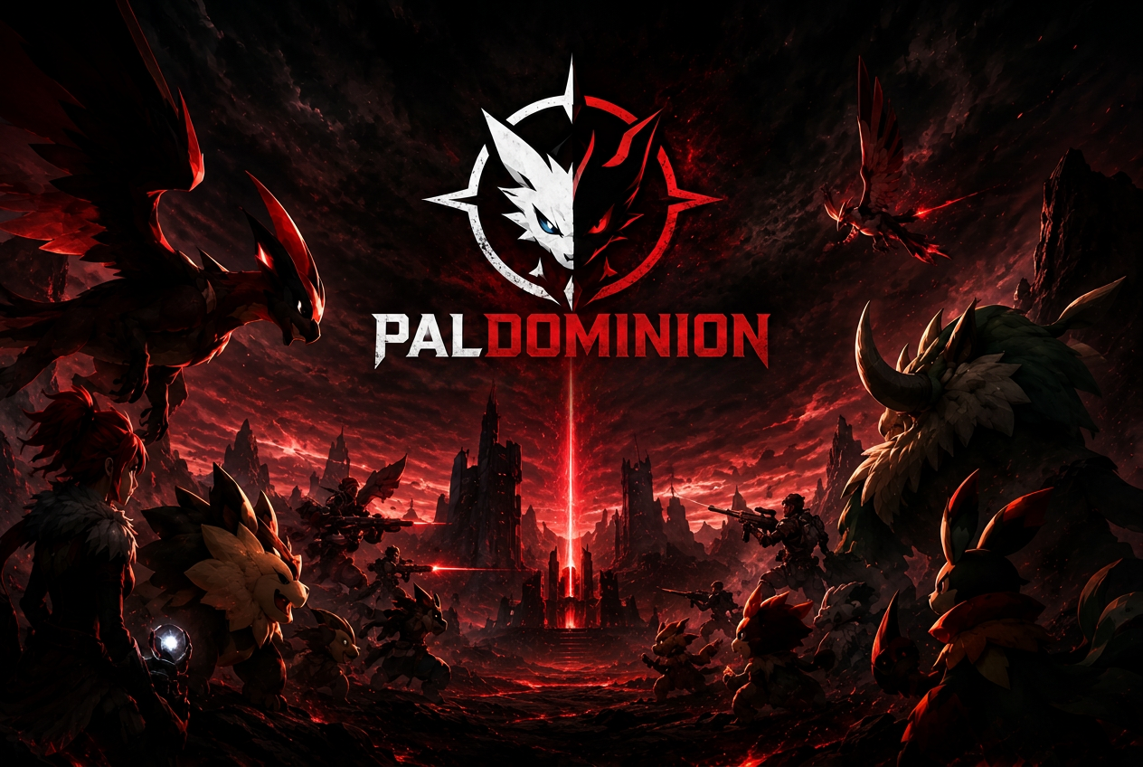 PalDominion battlefield with trainers and pals beneath a crimson storm